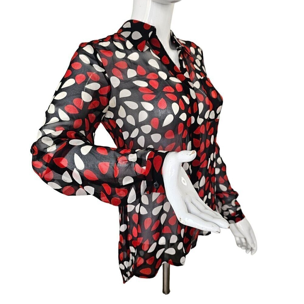 Diane Von Furstenberg 90s Sheer Silk Blouse Women 2 Red White on Black Long Slv